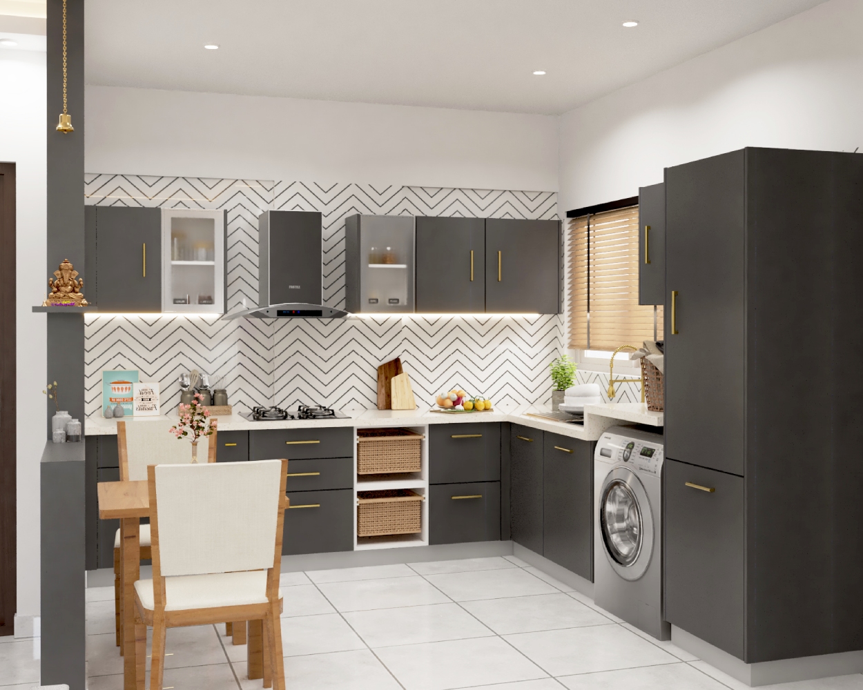 Modular L-Shape Kitchen Design With Grey Kitchen Cabinets And Chevron ...
