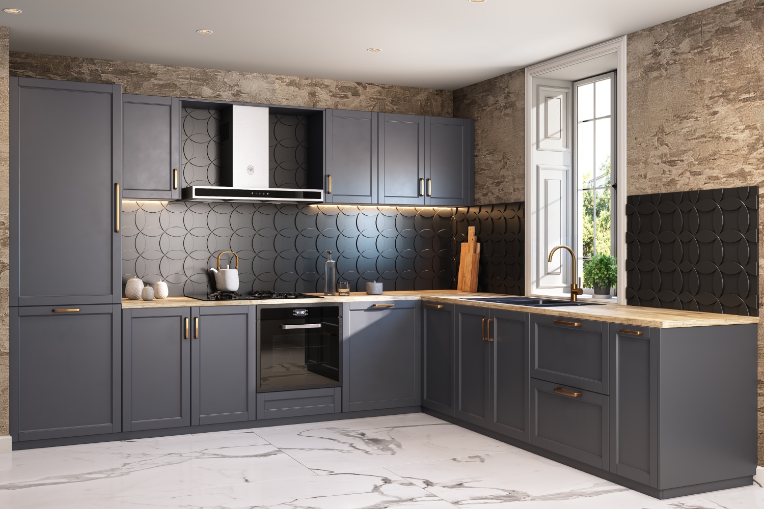 Kitchen Dado Rack Grey Eclectic Modular L Shaped Kitchen Design With Black Dado Tiles ...