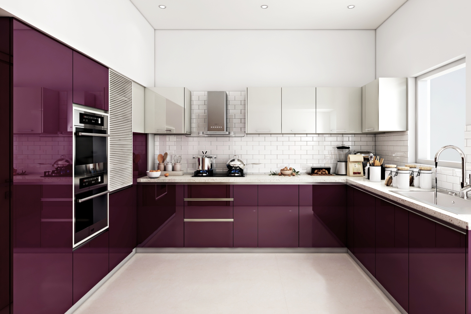 Crimson And Frosty White U-Shaped Kitchen Design With White Kitchen ...