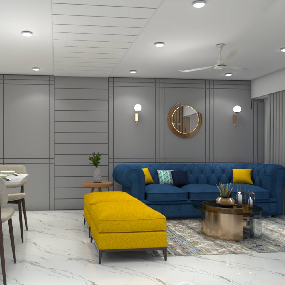 Contemporary Living Room Design with Dark Blue Chesterfield Sofa | Livspace
