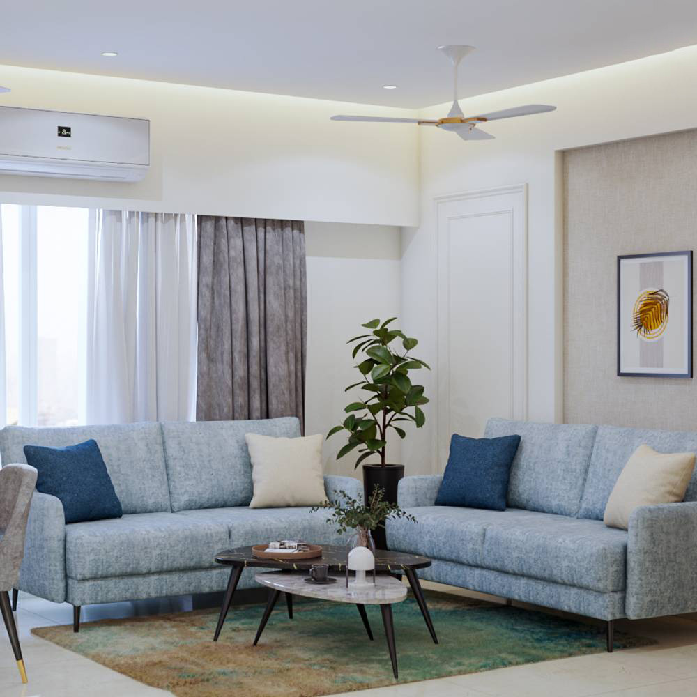 Modern Living Room Design with Light Blue Textured Sofa | Livspace