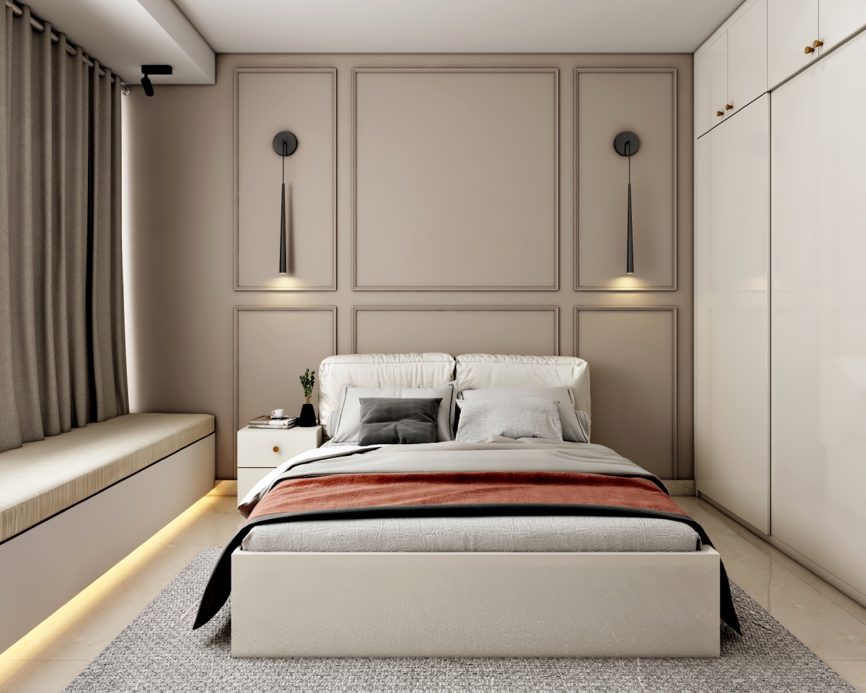 Spacious Light Brown Guest Bedroom Design With White Bed And 2-Door ...