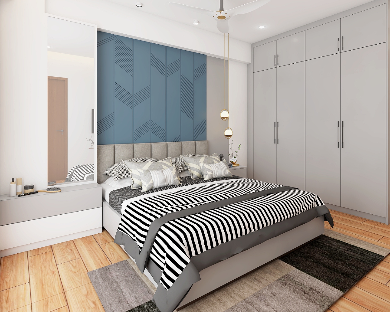 Contemporary Master Bedroom Design with Blue Accent Wall | Livspace