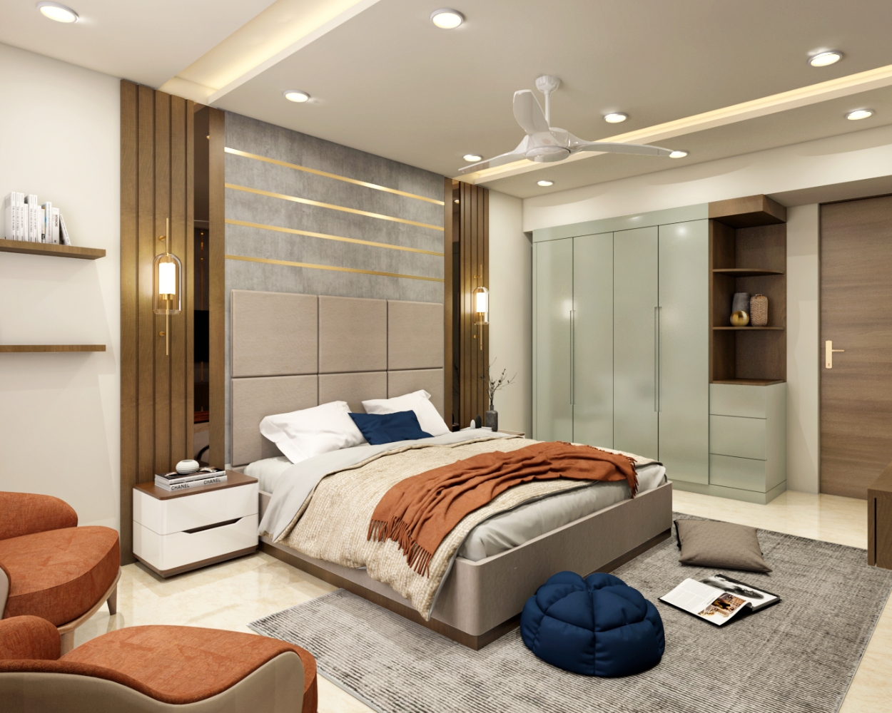 Modern Master Bedroom Design with Grey and Gold Accent Wall | Livspace
