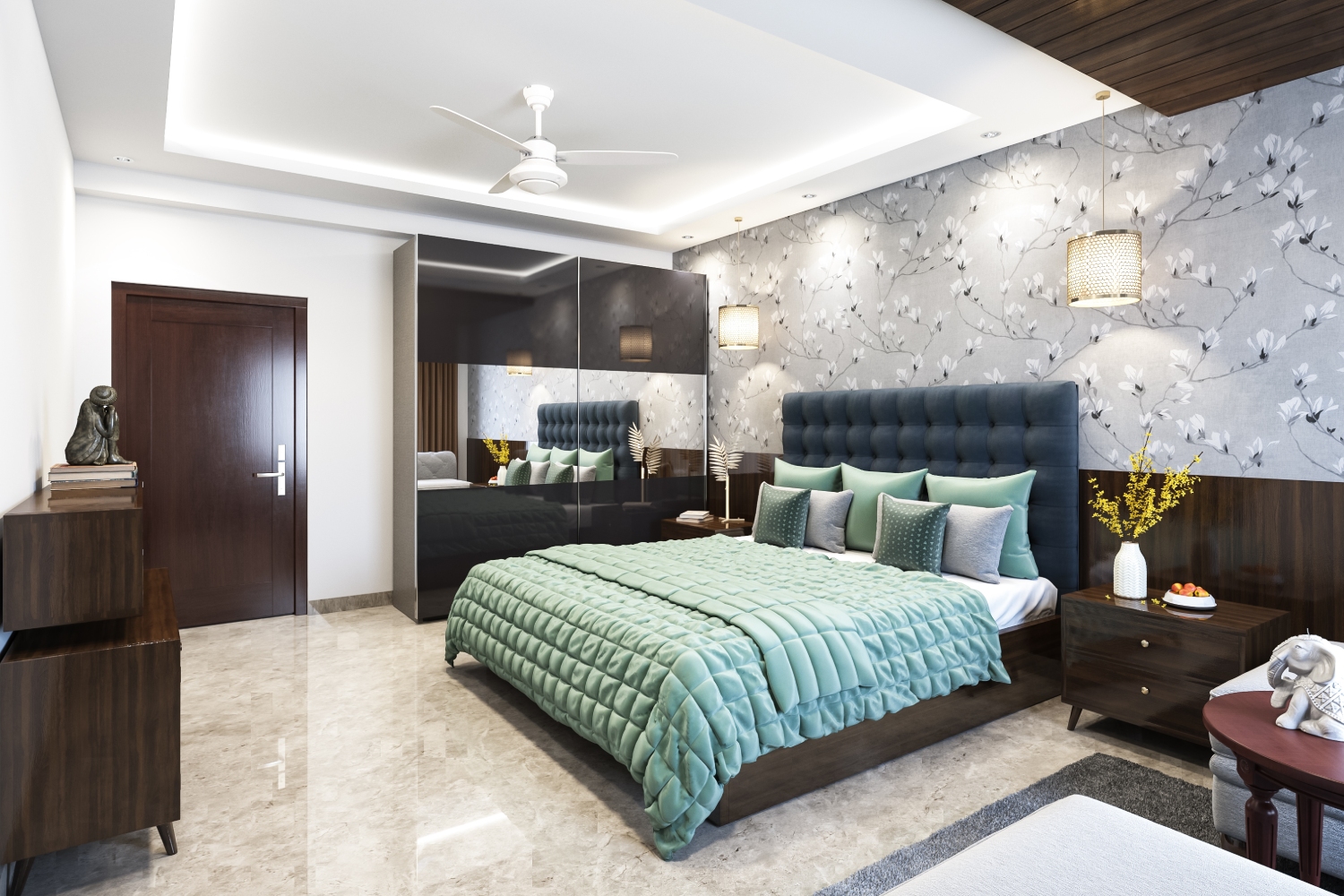 Spacious Master Bedroom Design With Grey And White Floral Wallpaper ...