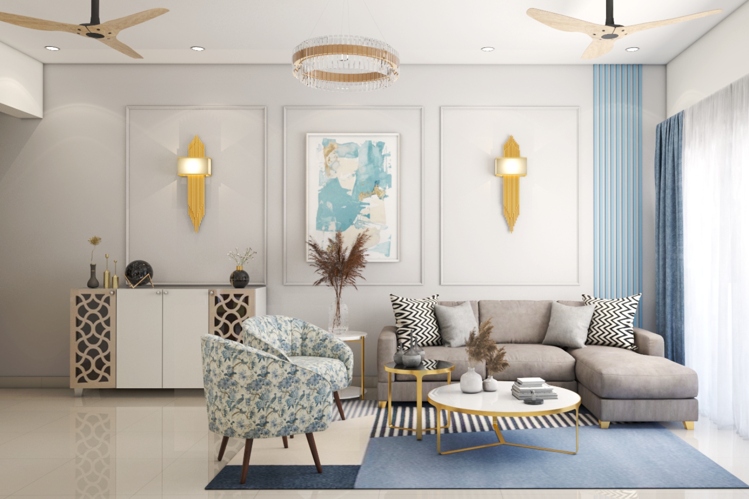 Grey And Blue Contemporary Wall Design For Living Rooms | Livspace