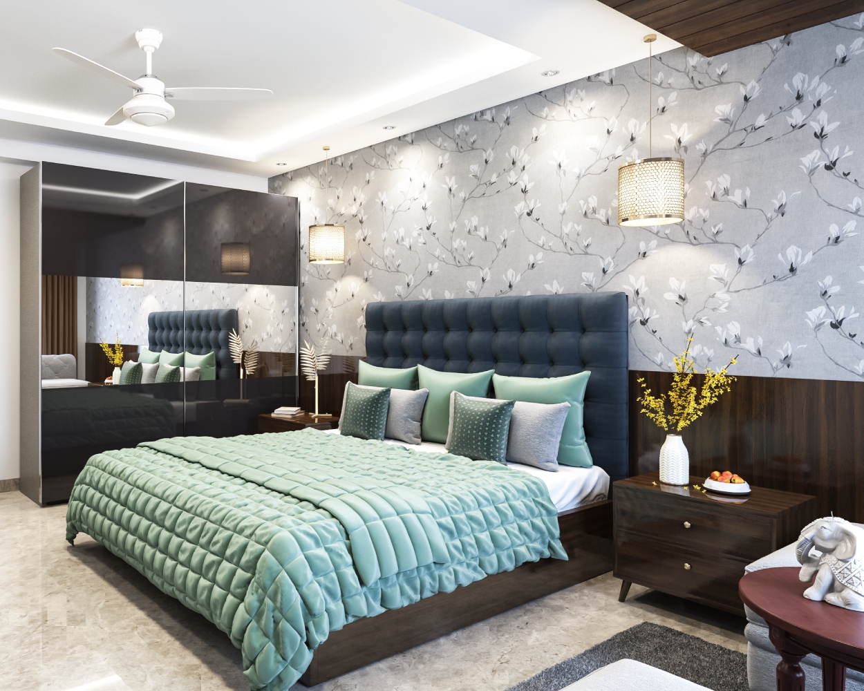 Bedroom Wall Design With Grey And White Floral Wallpaper And Blue ...