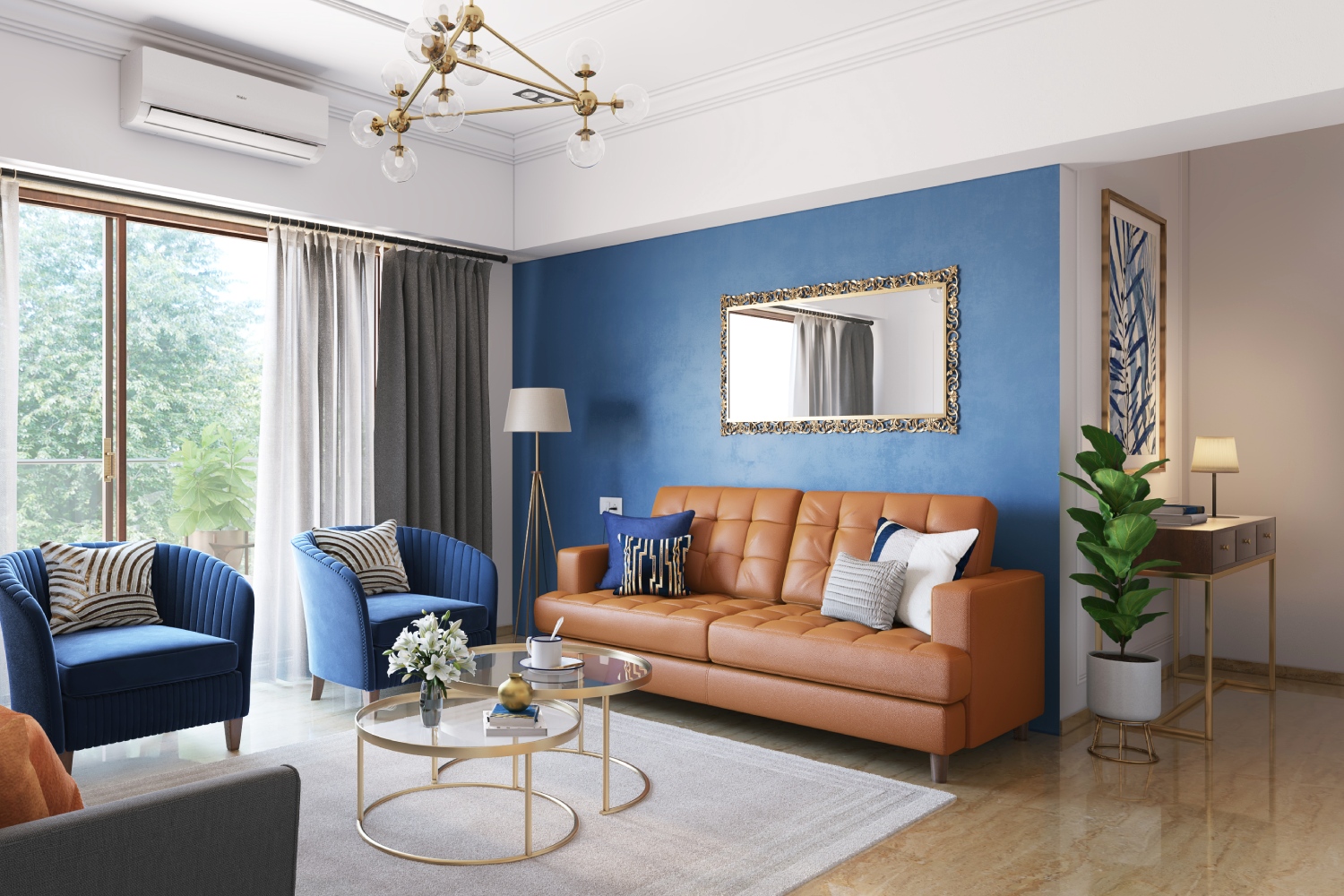 Living Room Wall Paint Design With Blue Accent Wall | Livspace