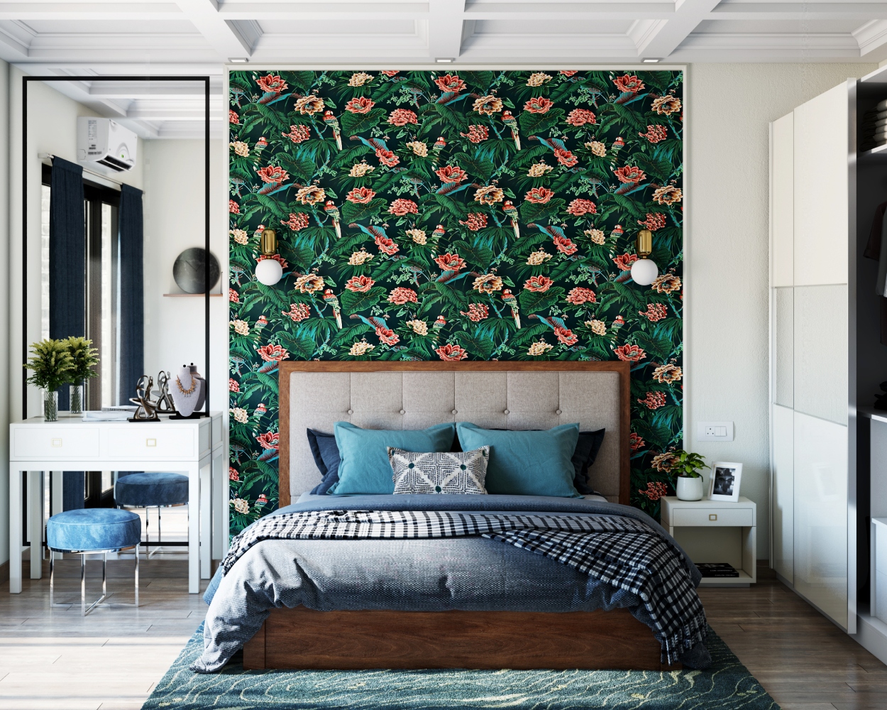 Floral-Themed Multicoloured Bedroom Wallpaper Design | Livspace