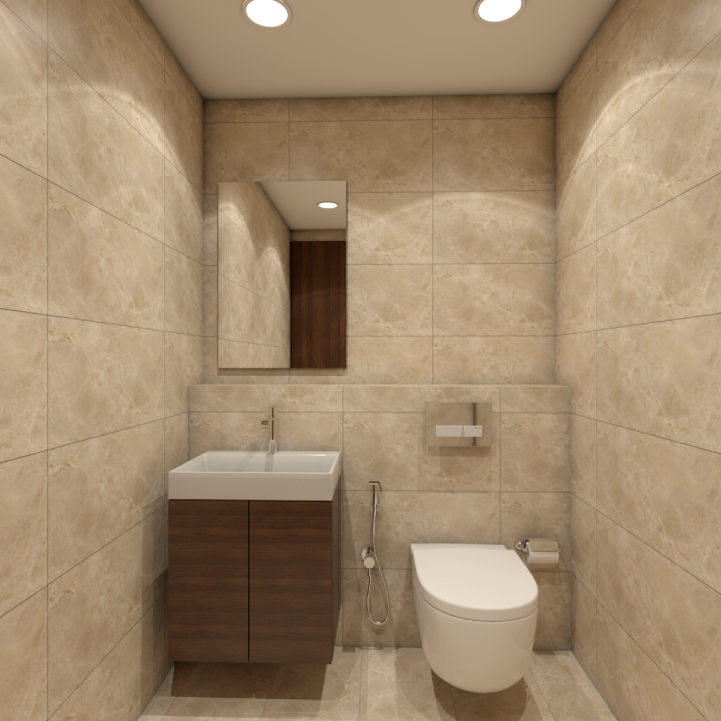 Compact Bathroom Design With Coffee Brown Vanity Unit - 7X7 Ft | Livspace