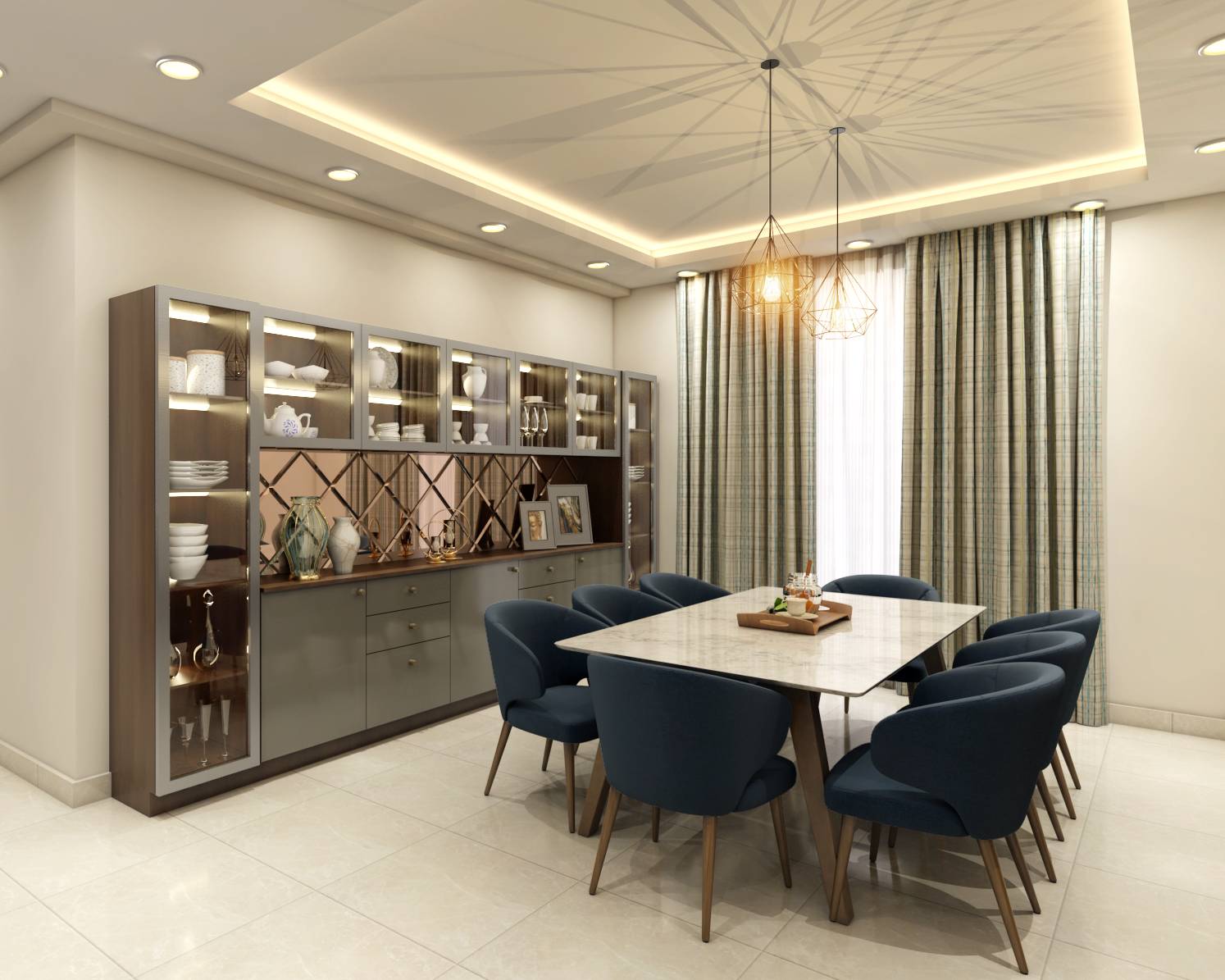 Spacious Dining Room With Dark Blue Upholstered Chairs | Livspace