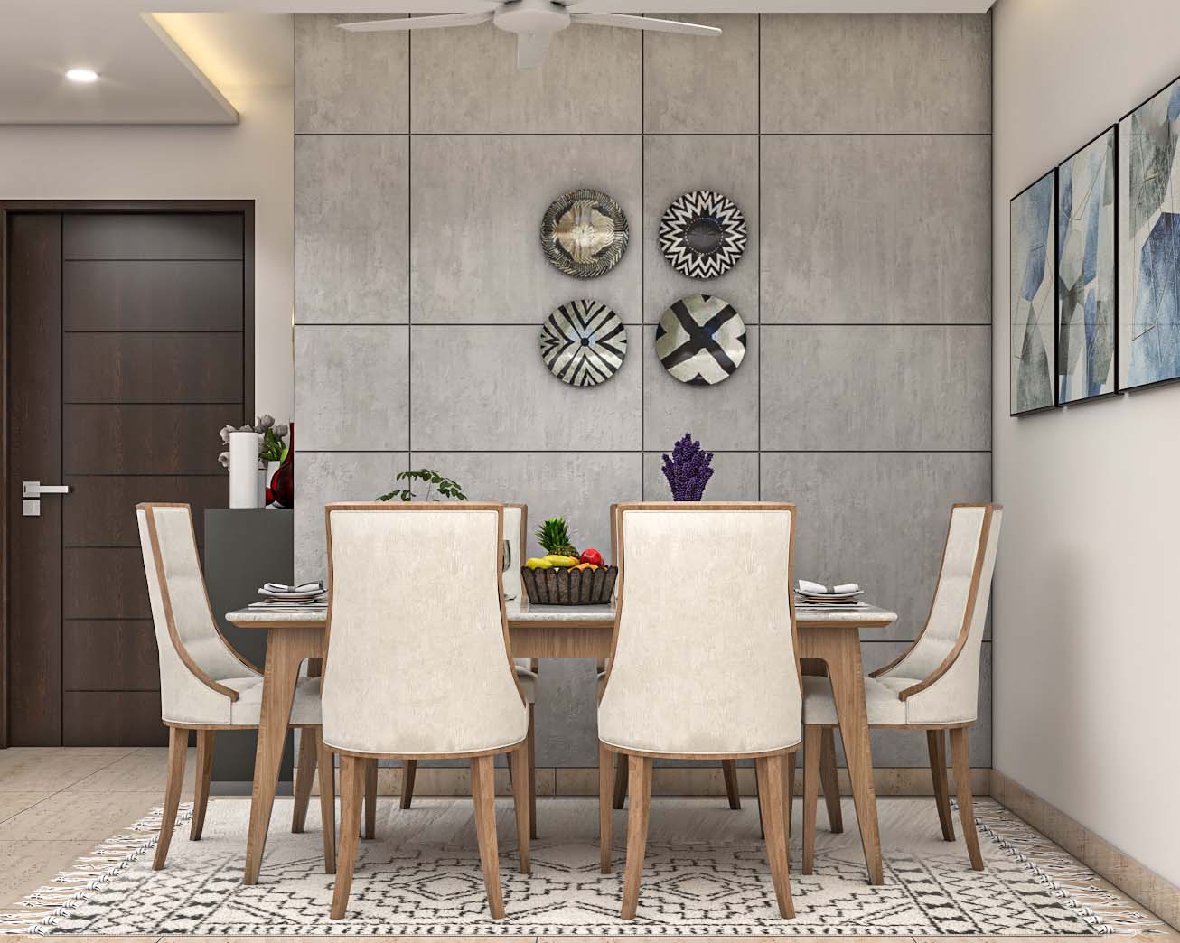 Spacious Dining Hall Design With Cream Upholstered Chairs | Livspace