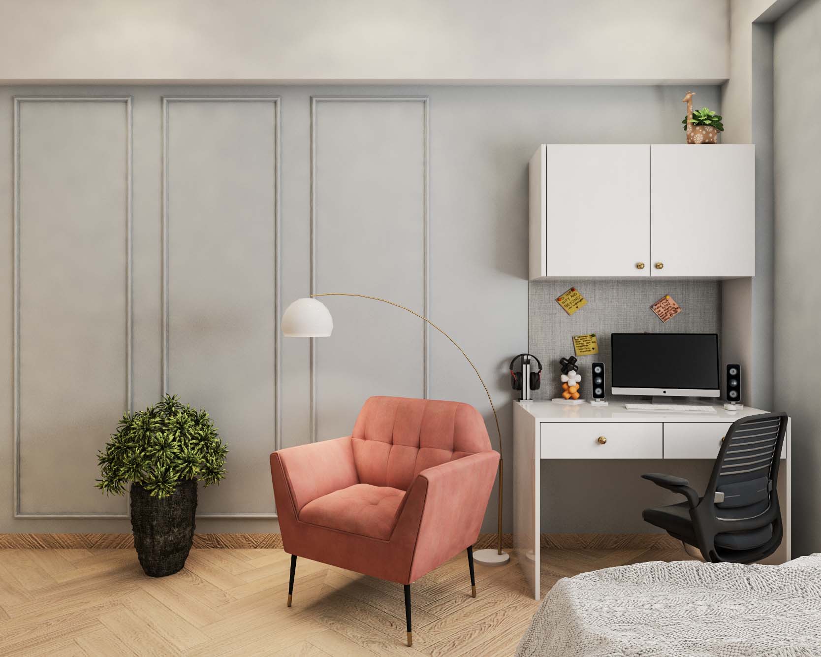 Compact Study Room Design With Pink Accent Chair | Livspace