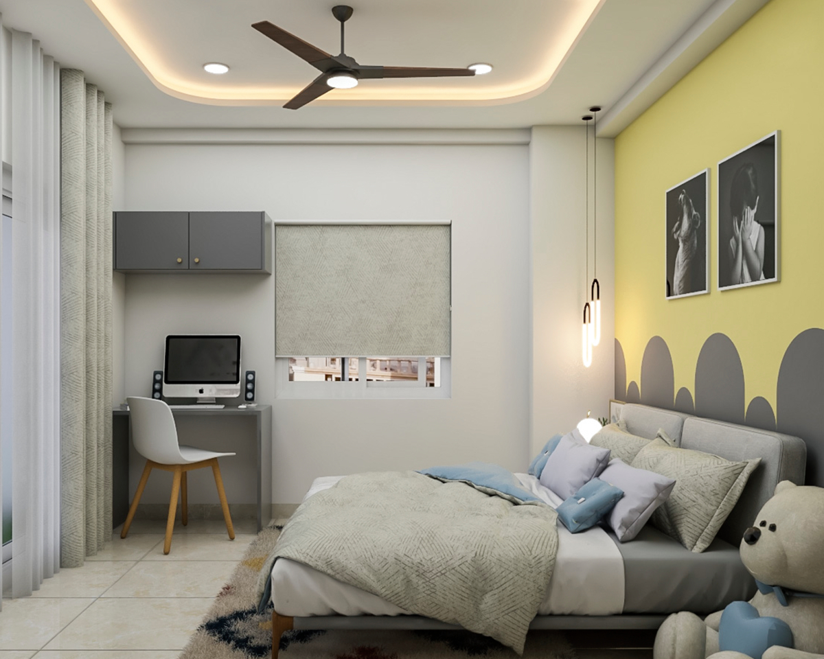 Compact Boy's Room Design With Yellow And Grey Accent Wall | Livspace