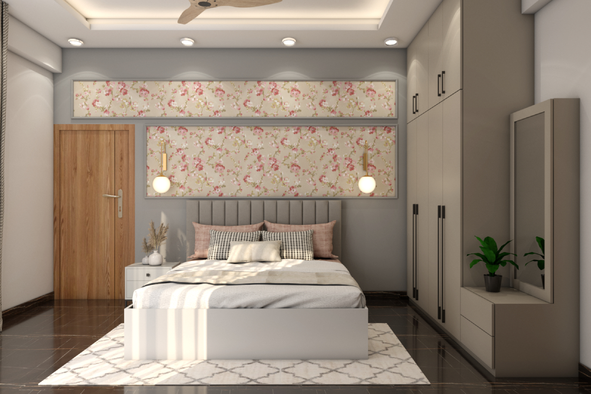 Spacious Boy's Room Design With Grey Accent Wall And Floral Wallpaper ...