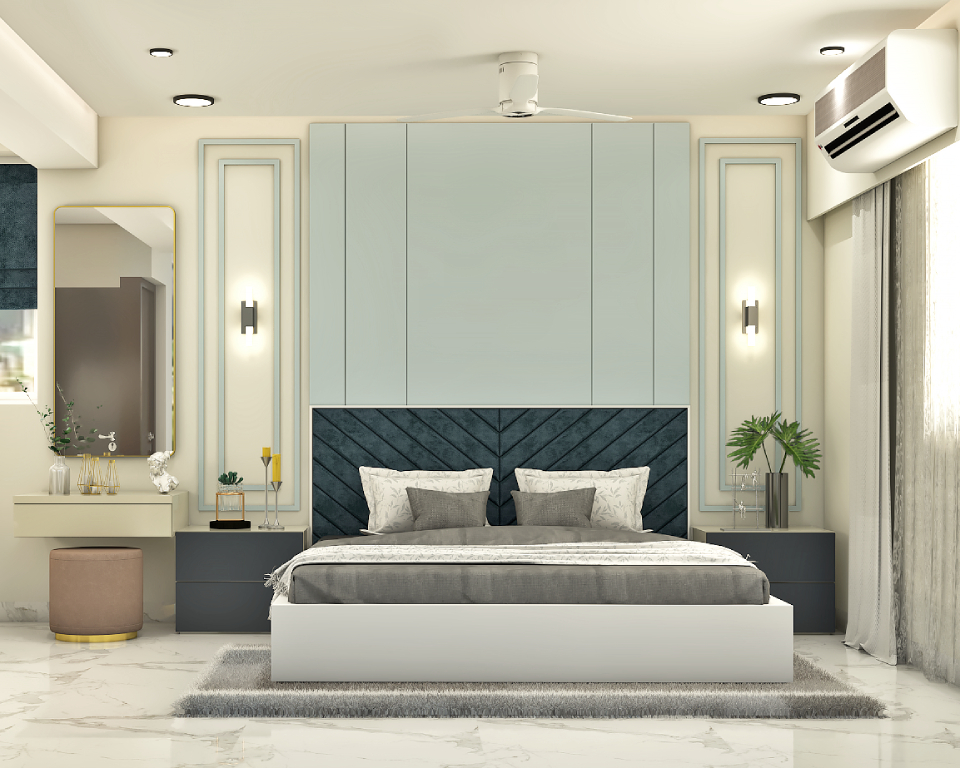 Light-Coloured Spacious Bedroom Design With A Tufted Headboard | Livspace