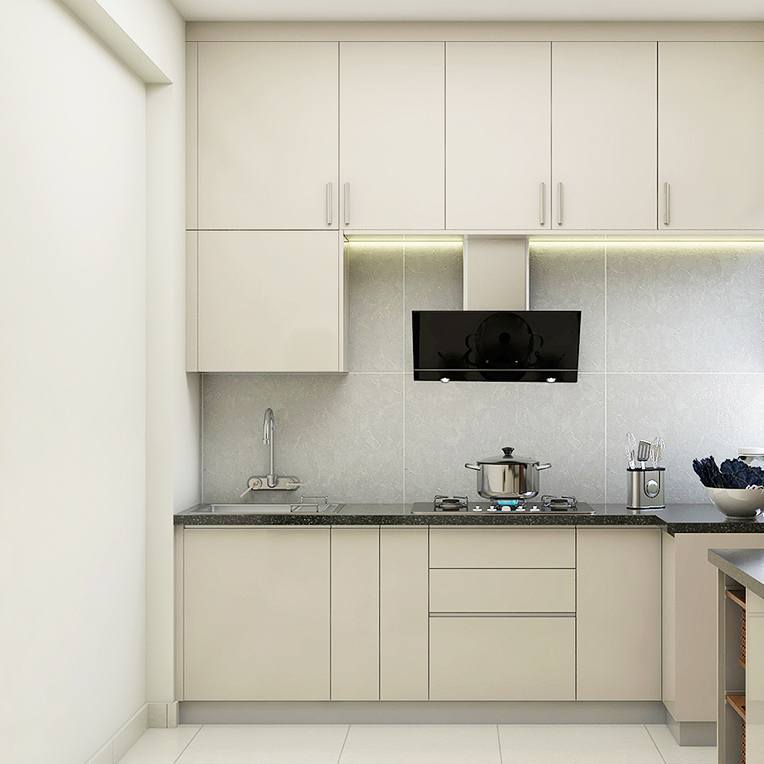 Spacious Kitchen Design With Cream Cabinets And Lofts | Livspace
