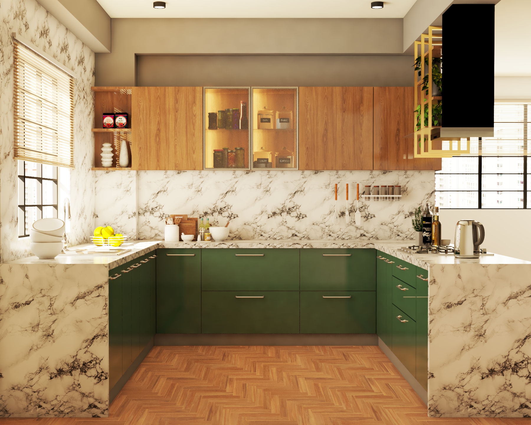 Compact Kitchen Design With Marble-Patterned Dado Tiles | Livspace