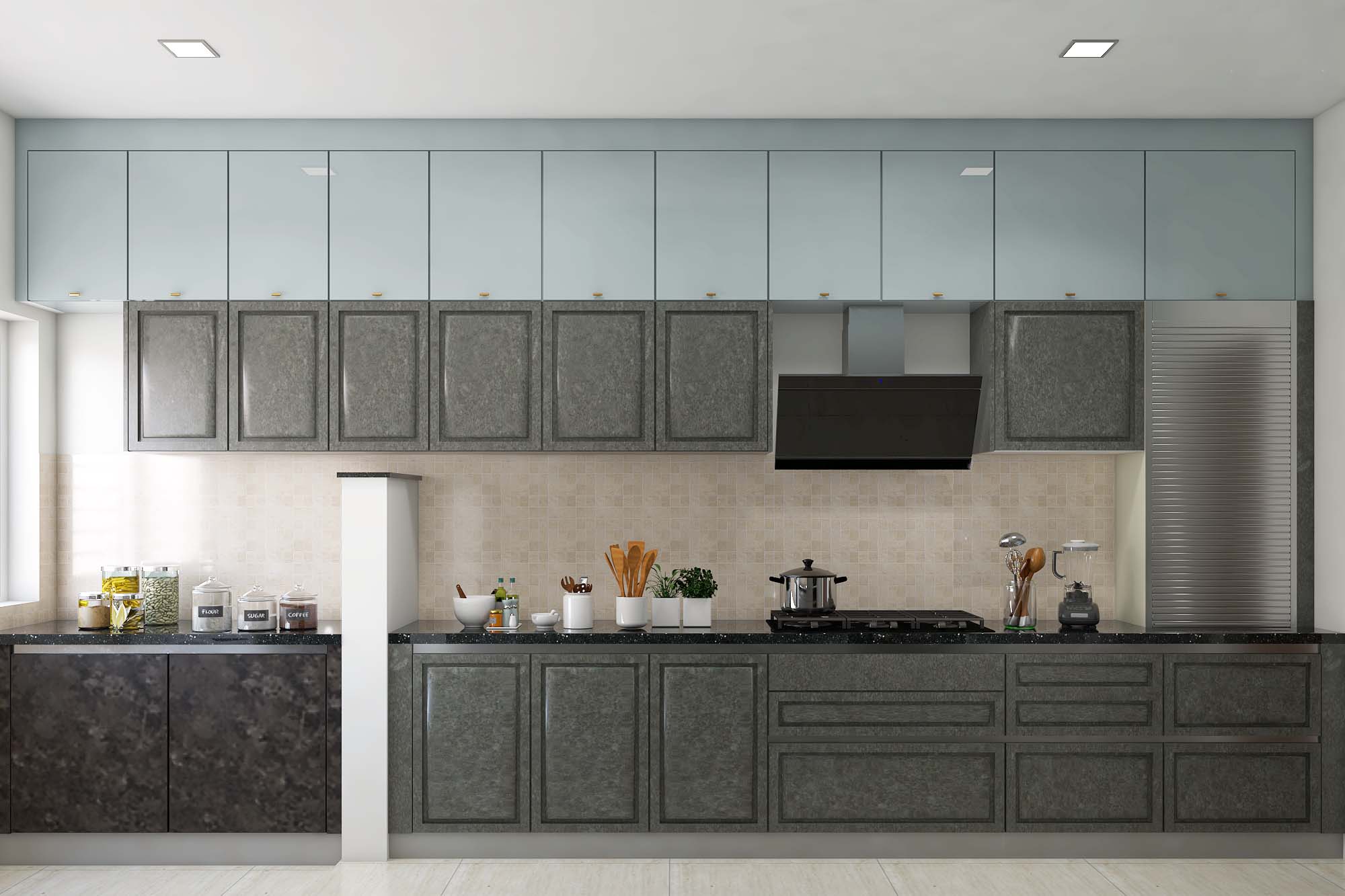 Grey And Blue Parallel Kitchen Design | Livspace