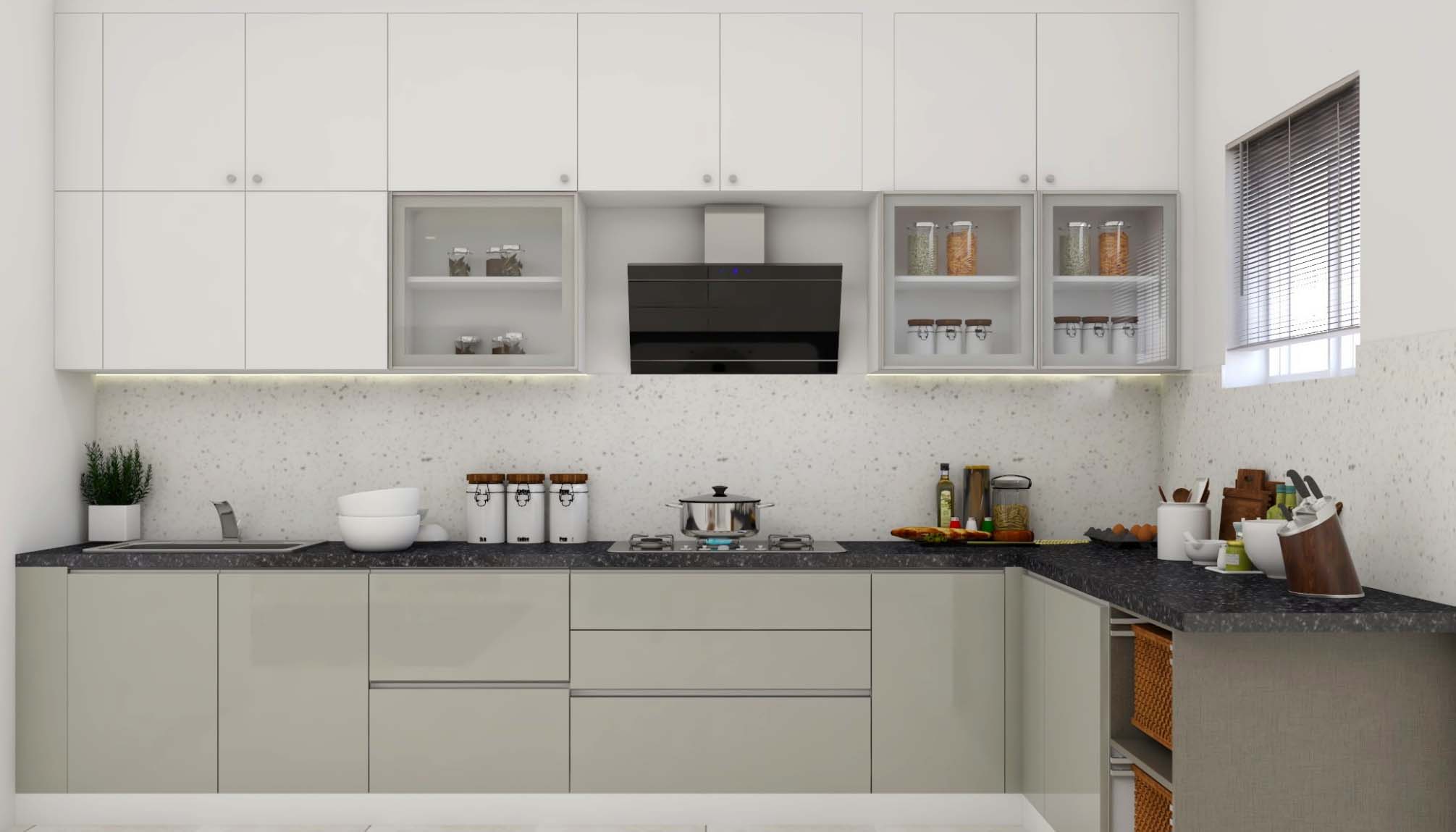 Modular Beige And White U Shaped Kitchen Design Livspace
