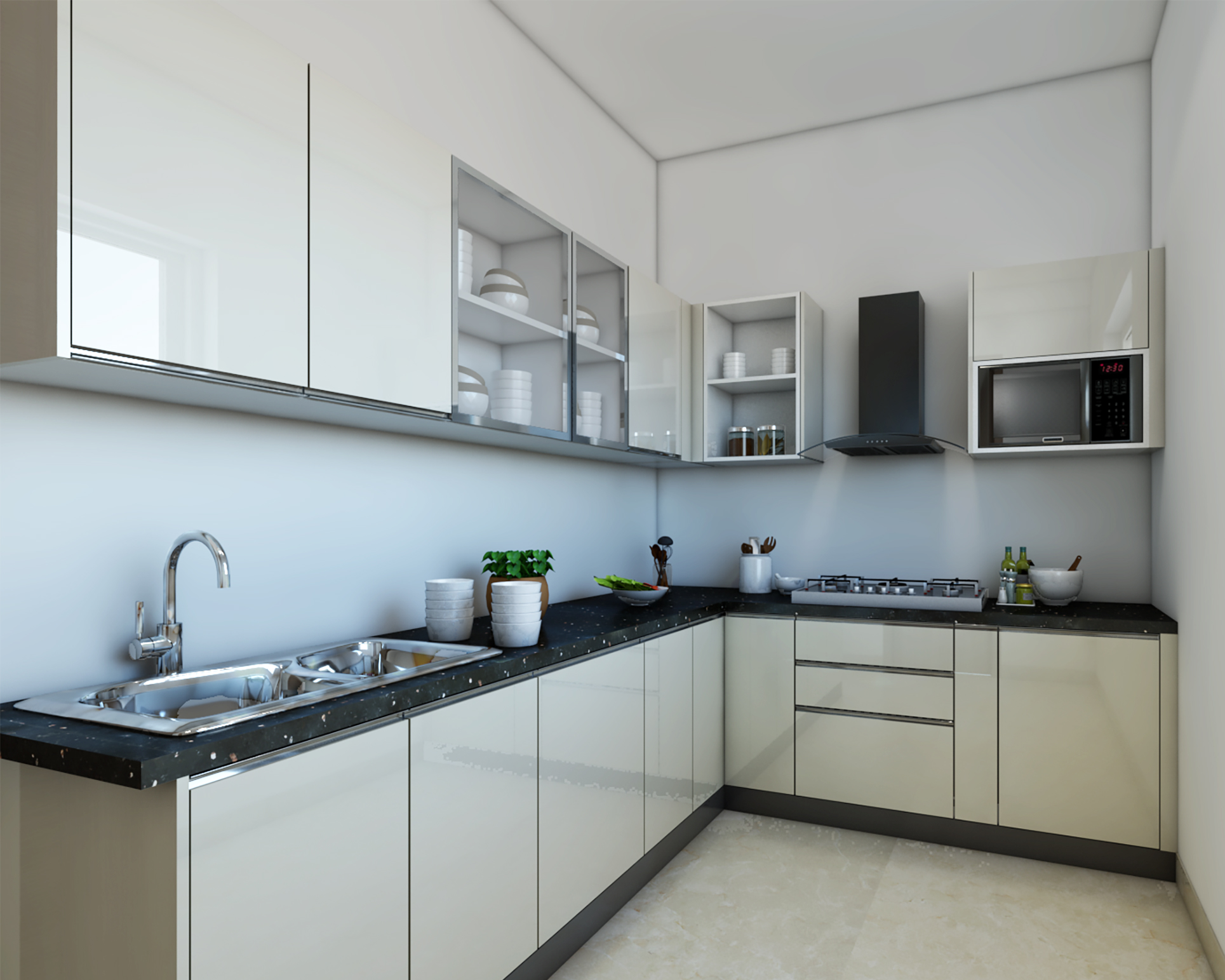 Spacious Kitchen Design With A Black Quartz Countertop | Livspace