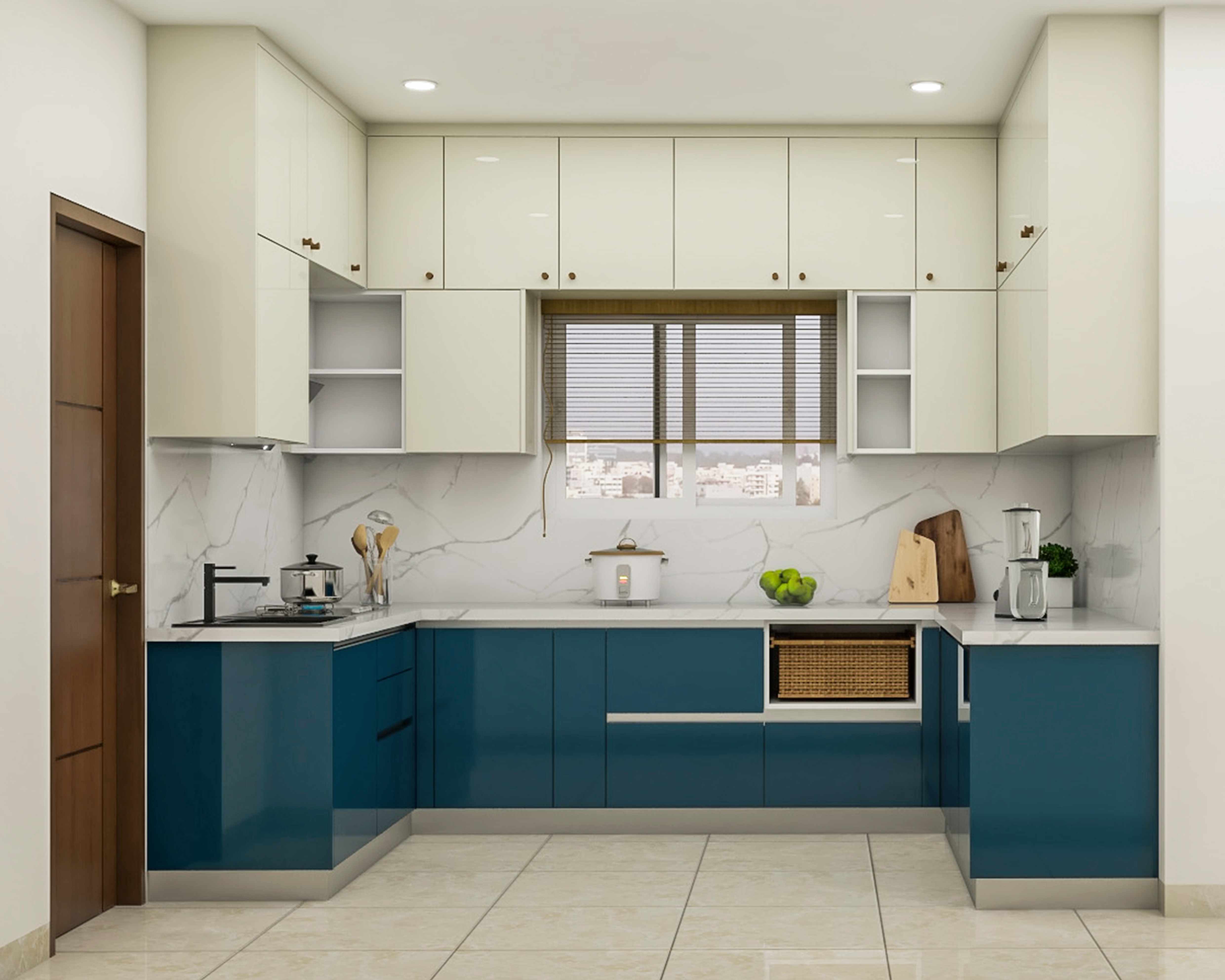 Spacious Modular Kitchen Design With Marble Patterned Dado Tiles | Livspace
