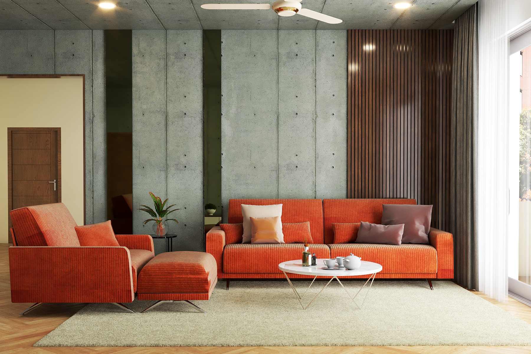 Spacious Living Room Design With Concrete Textured Accent Wall | Livspace