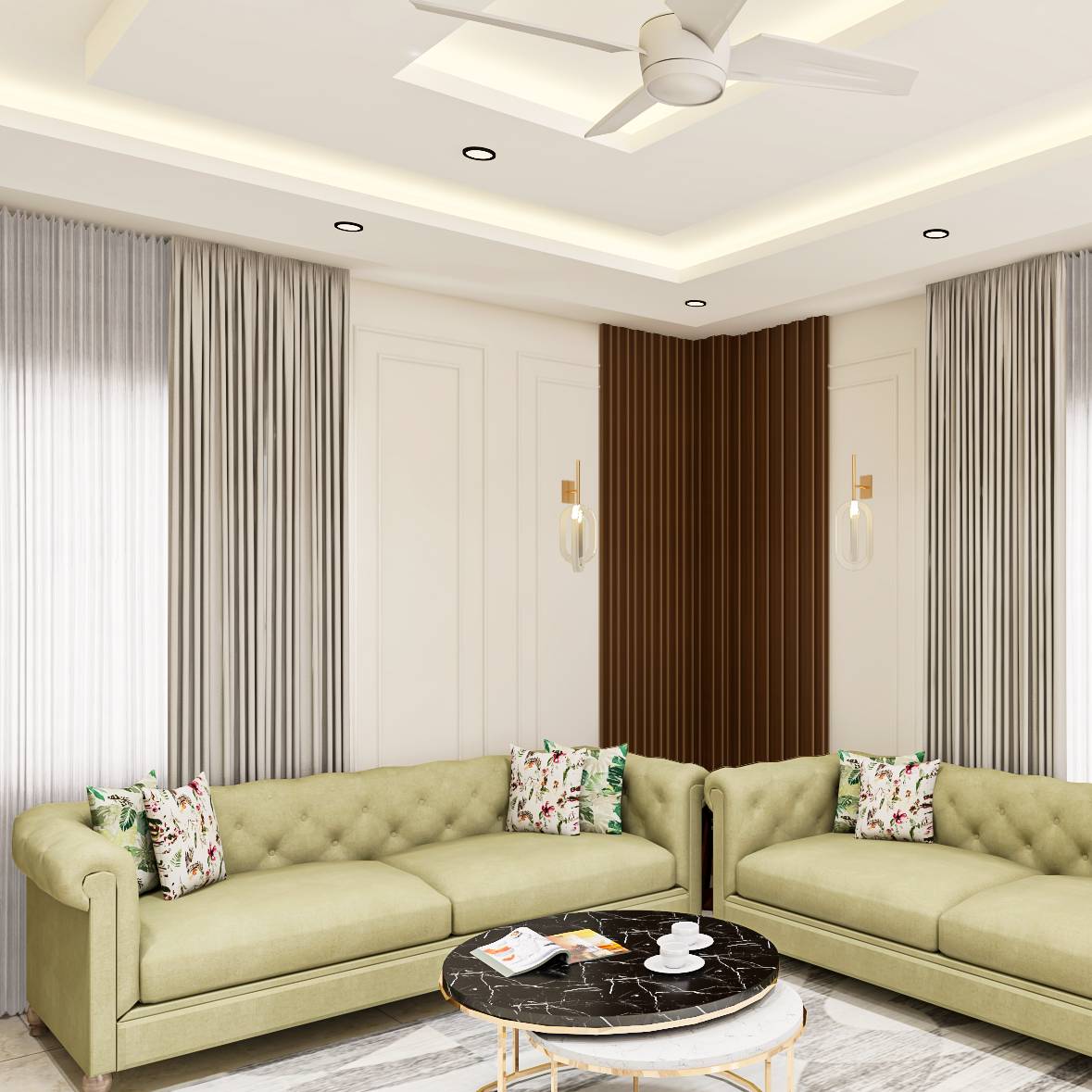 Spacious Living Room Design With Wooden Wall Panelling | Livspace
