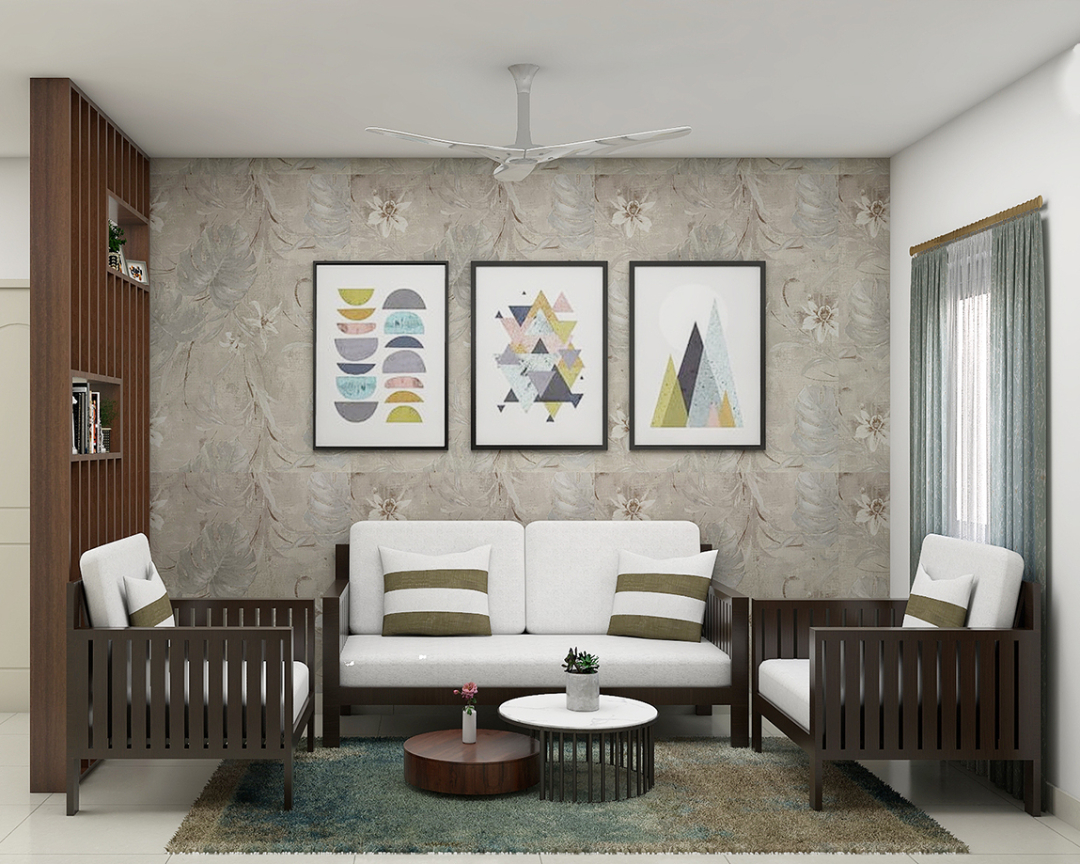 Compact Living Room Design With A Crem Fabric Upholstered Sofa | Livspace