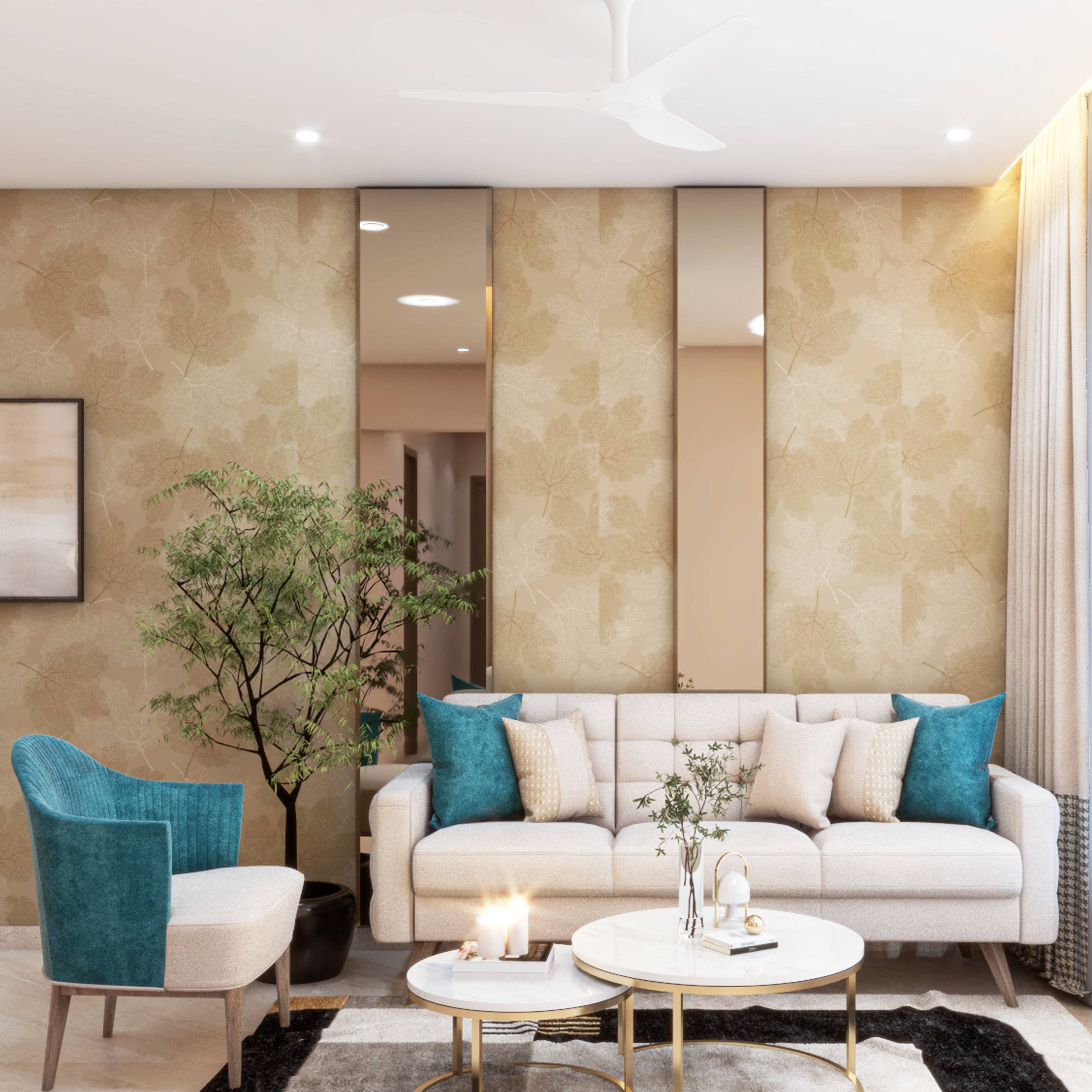 Spacious Living Room Design With A Floral Wallpaper | Livspace