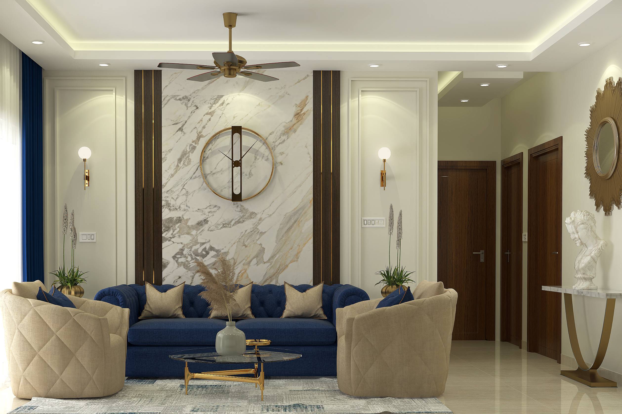 Compact Living Room Design With White Marble Wall Panelling | Livspace
