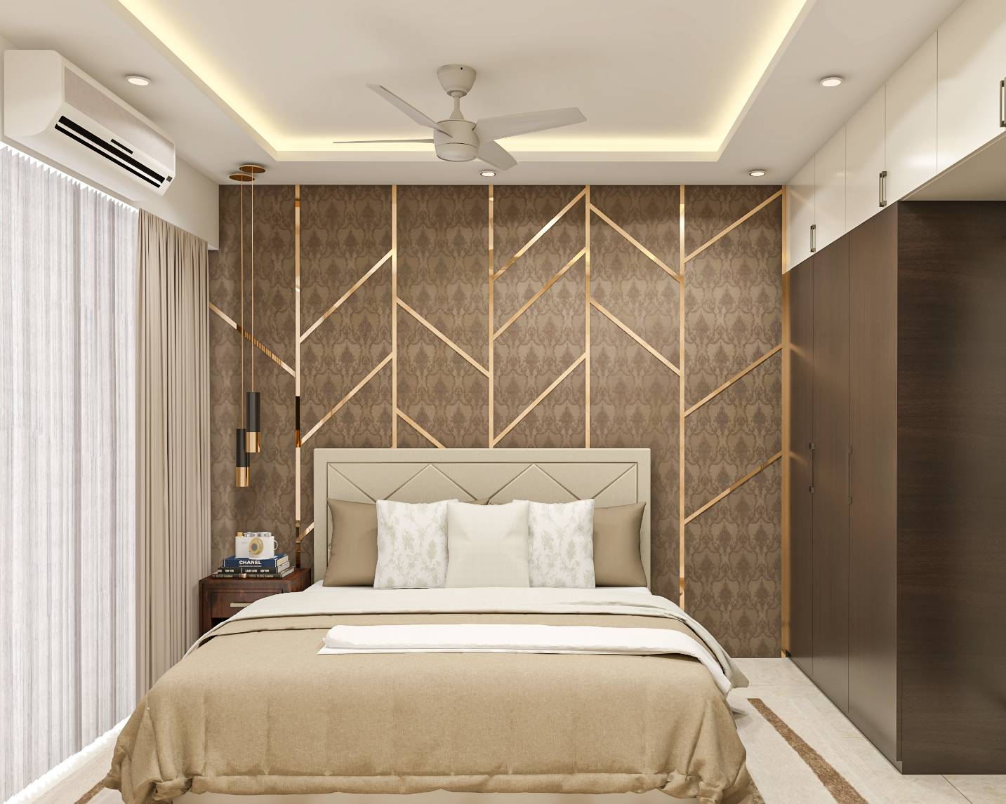 Image showcasing Compact Bedroom Design With Wooden Side Table And Wardrobe | Livspace