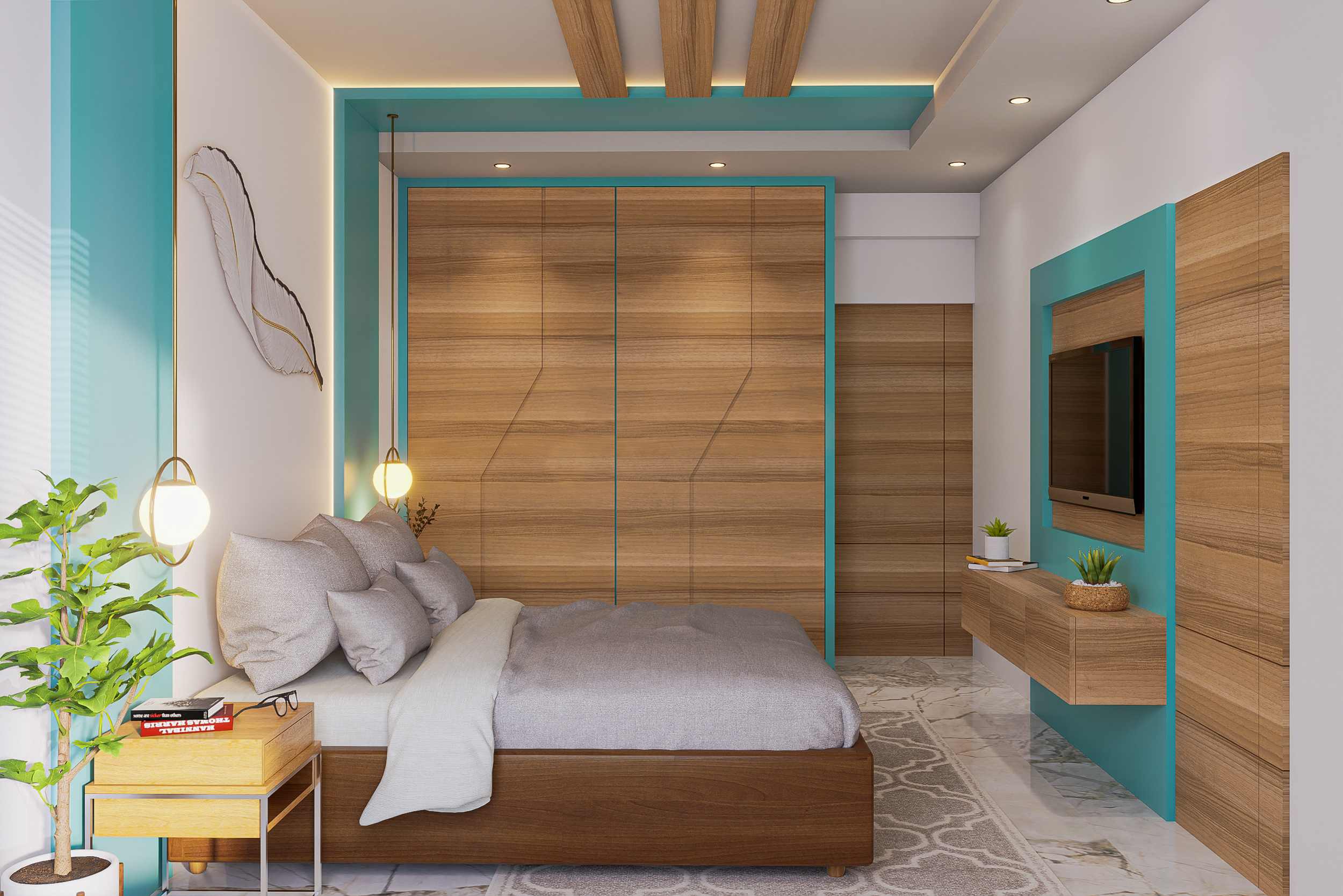 Spacious Bedroom Design With Hanging Lights | Livspace