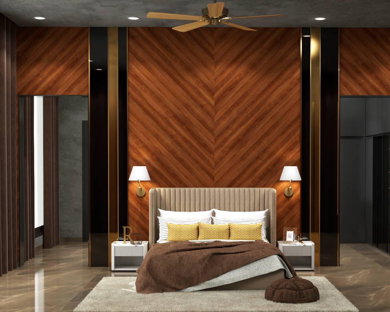 Spacious Bedroom Design With Wall Lamps And A Cream Tufted Headboard ...