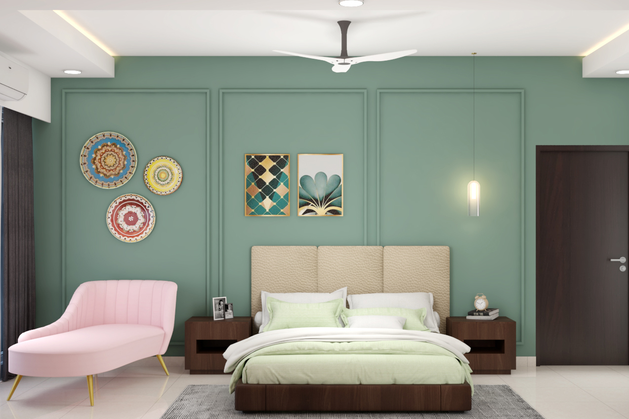 Spacious Bedroom Design With Sage Green Walls And Hanging Lights | Livspace
