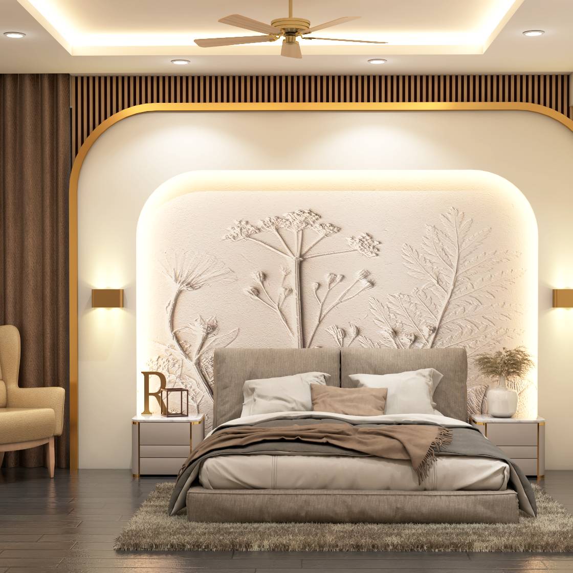 Spacious Bedroom Design With 3D Wall Design And Cove Lighting | Livspace