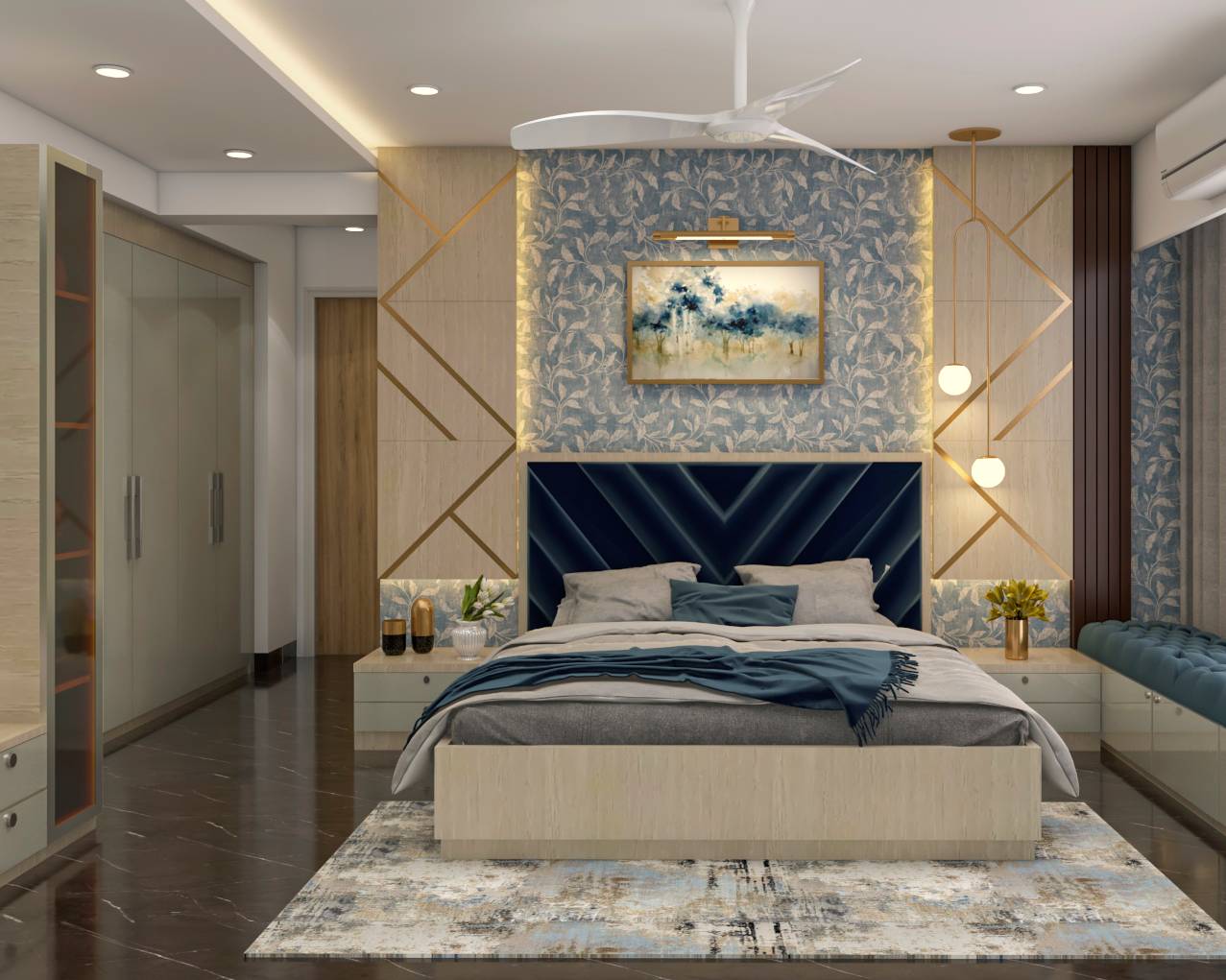 Spacious Master Bedroom Design With Blue Wall | Livspace