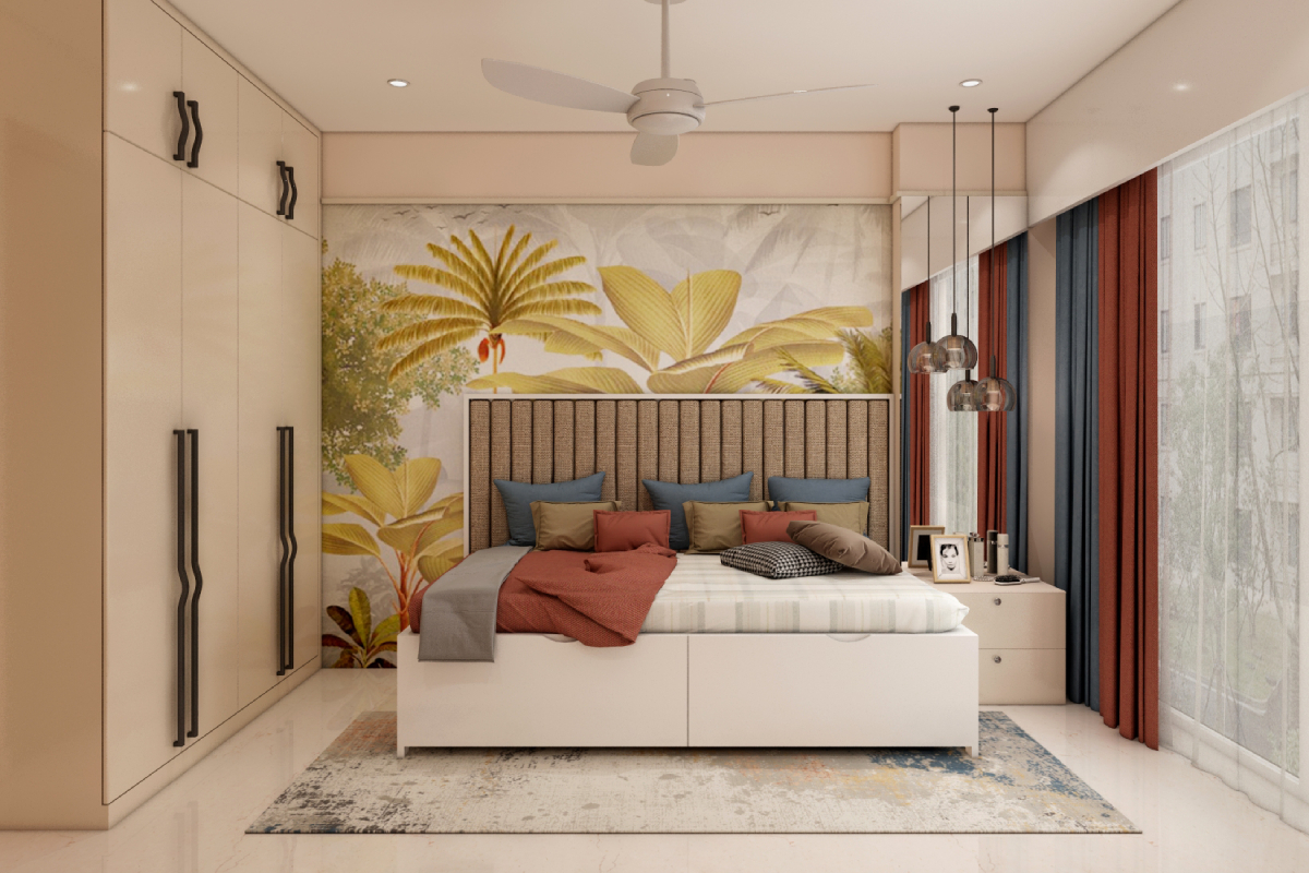 Spacious Master Bedroom Design With Beige Headboard And Tropical ...
