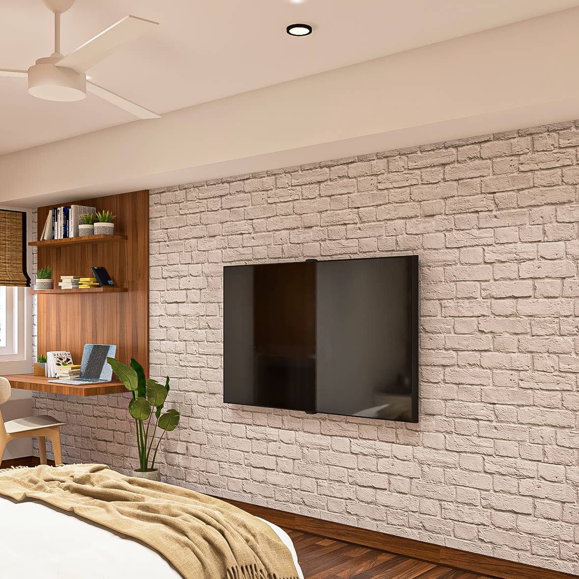 Spacious Study Room Design With Brick Wall | Livspace