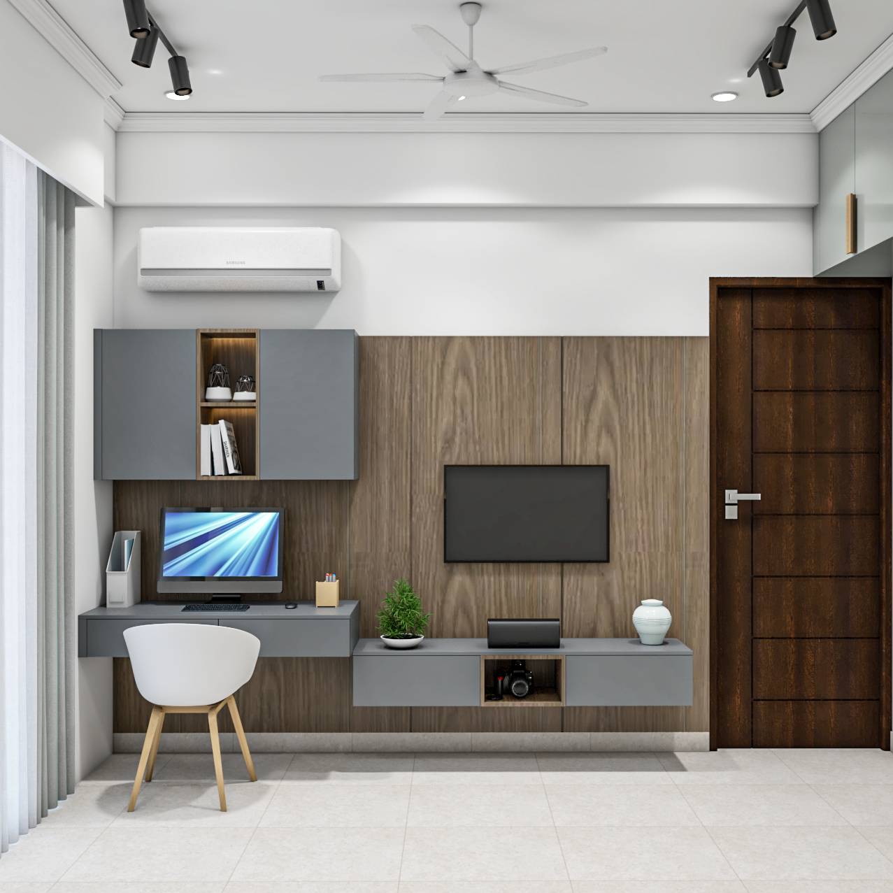 Spacious Grey TV Unit Design With Integrated Study Unit | Livspace