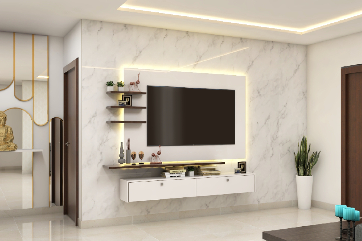 Compact TV Unit Design With Marble Cladding | Livspace