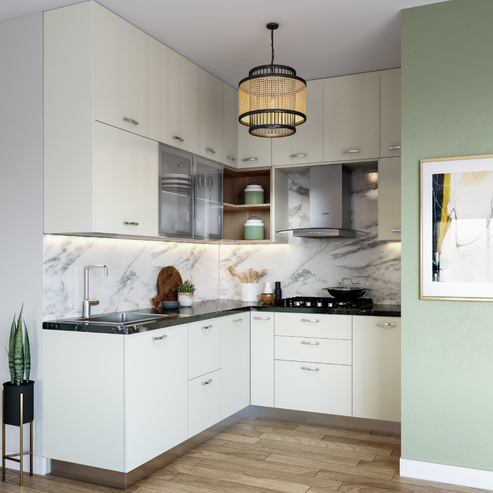L Shape Modular Frosty White Kitchen Design | Livspace