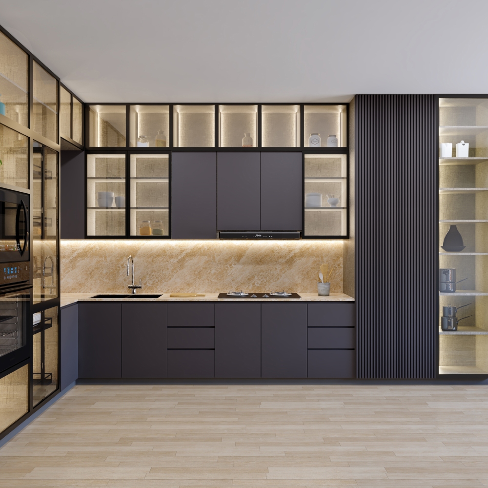 Grey L Shaped Kitchen Design With Cabinet Lights - 16x15 Ft | Livspace