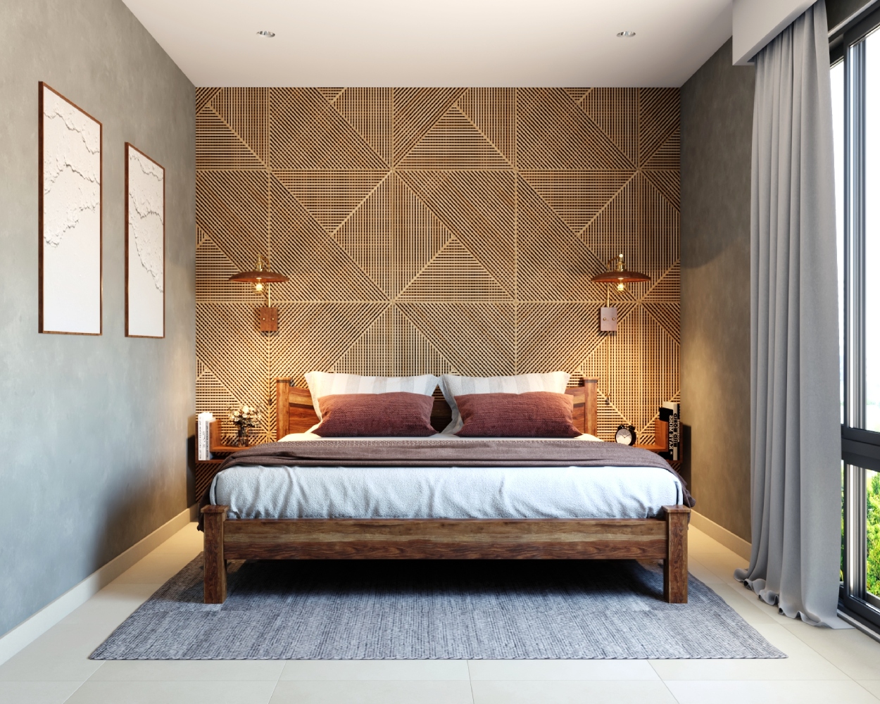 Bedroom Wall Design With Wooden Wall Panel And Grooves | Livspace