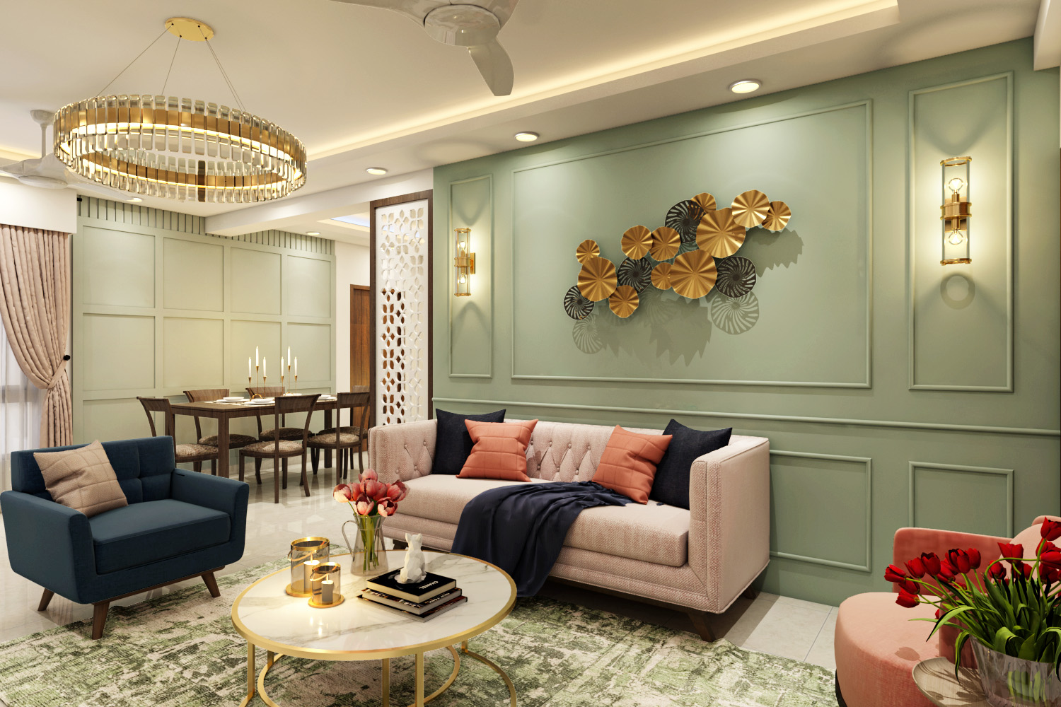 Living Room Design With Green Accent Wall And Trims | Livspace