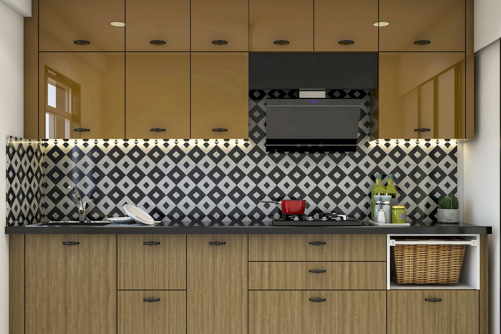 Semi-Glossy Ceramic Black And White Kitchen Tile Design | Livspace