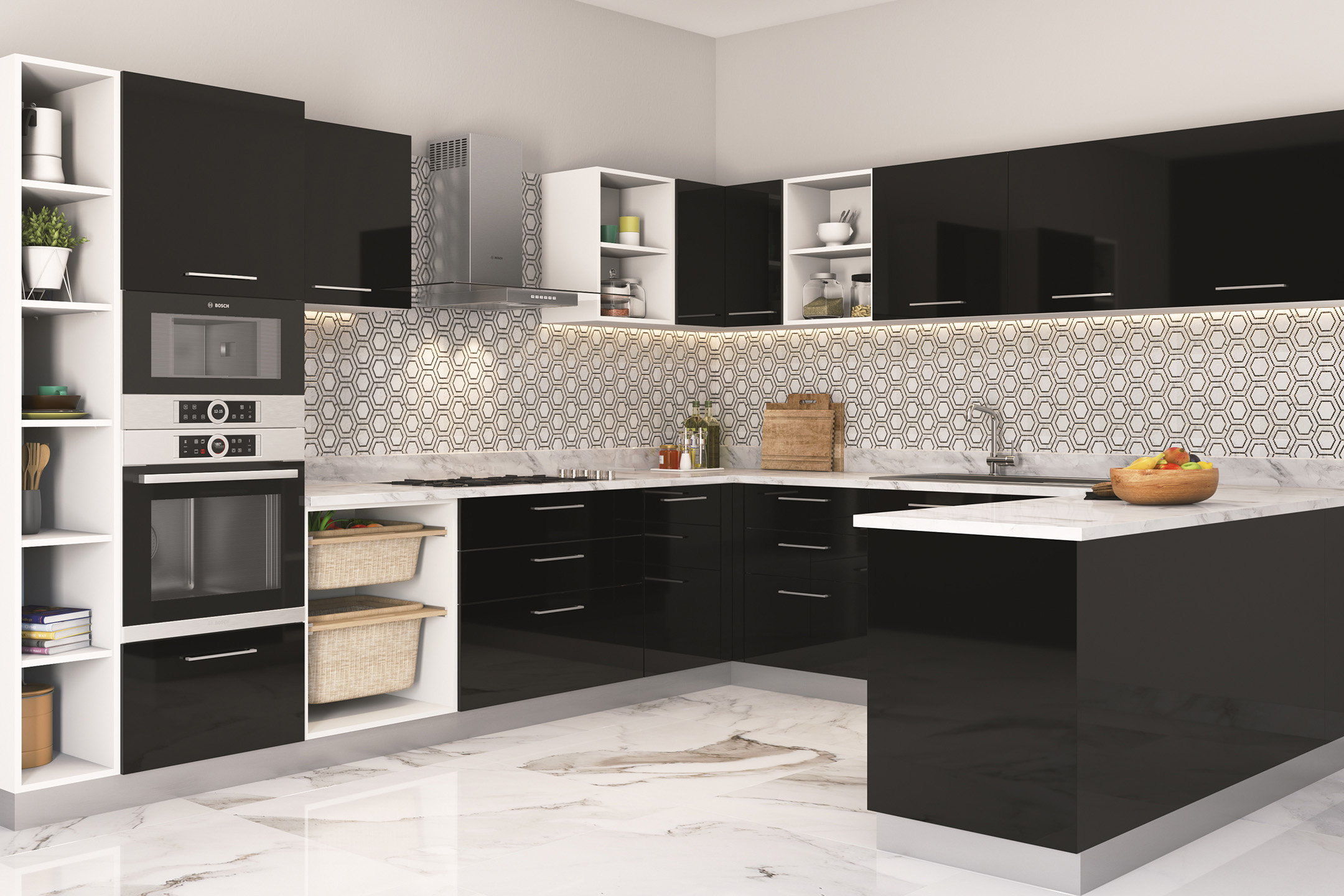Porcelain Black And White Hexagonal Kitchen Tile Design | Livspace