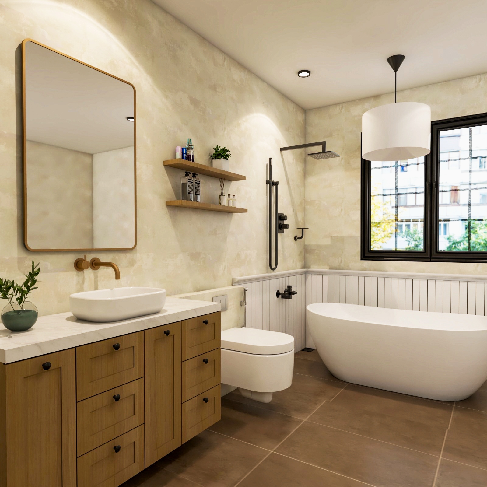 Beige And Brown Bathroom Design With Square Mirror Livspace