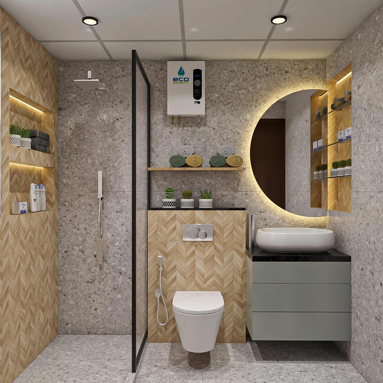 Grey Bathroom Design With Herringbone Wall Tiles | Livspace