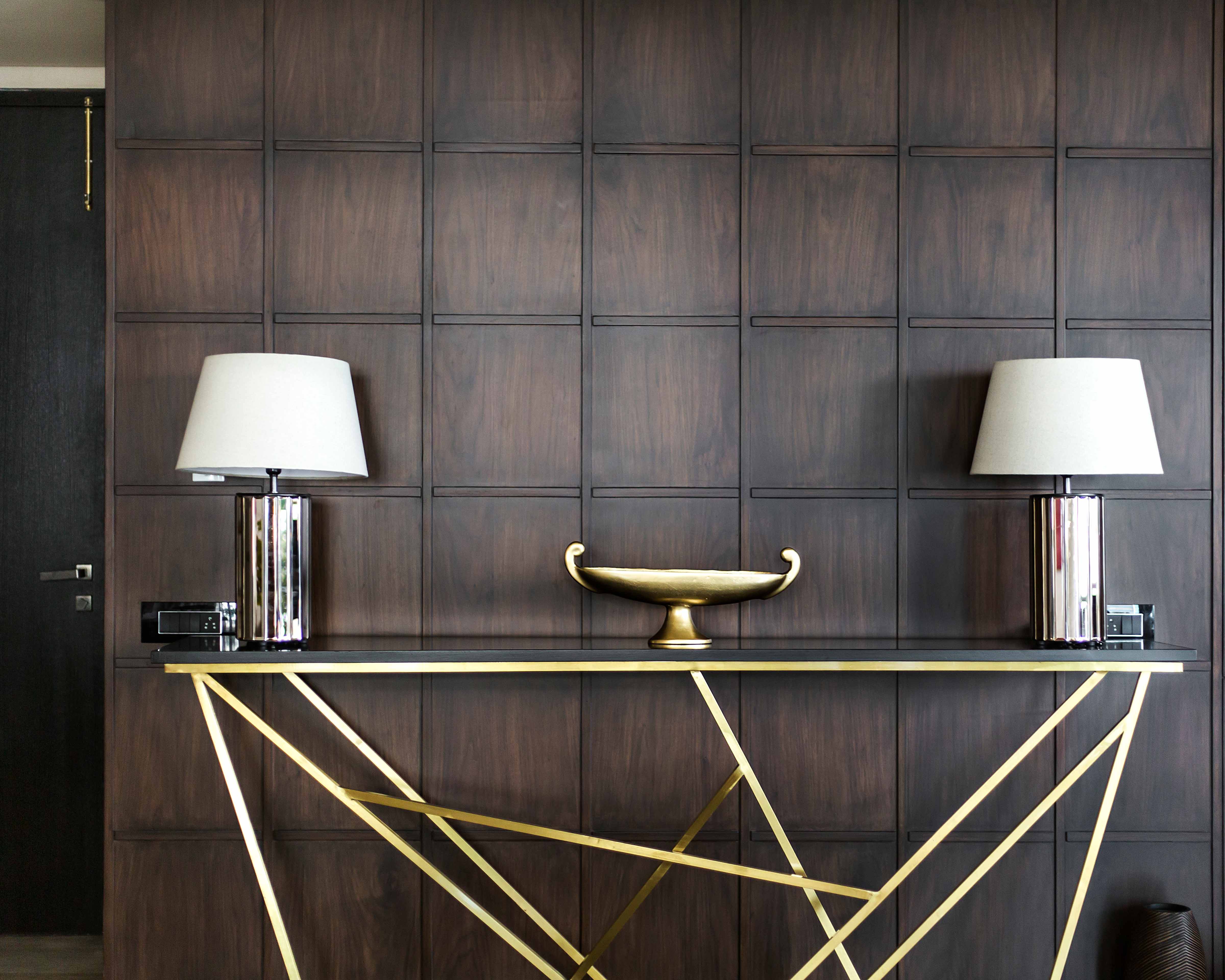 Foyer Design With Dark Wooden Panelling | Livspace